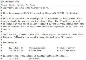 Archivo hosts abierto desde el bloc de notas.