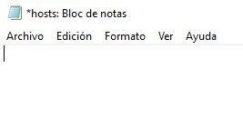 Archivo hosts en la carpeta “etc”, en donde se puede observar que le hemos borrado todos sus contenidos. 