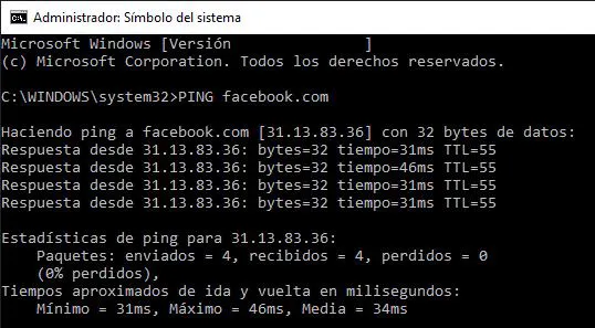 Símbolo del sistema de un PC en el que se ejecutó el comando “PING facebook.com”. En este caso, nos muestra que la IP de Facebook es 31.13.83.36.