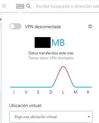 Navegador web de Opera, el cual muestra el botón “VPN” y el botón que aparece al lado del apartado “VPN desconectada”. 