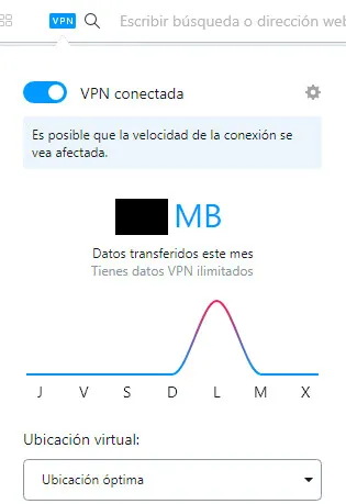 Navegador de Opera con su VPN gratuita activada, el cual muestra el menú “Ubicación virtual” con la opción “Ubicación óptima” seleccionada.