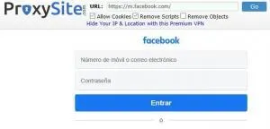 Navegador mostrando el sitio web de Facebook y un menú de navegación de ProxySite.