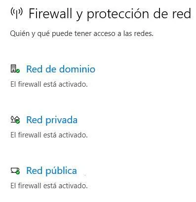 Ventana de configuración del cortafuegos de Windows 10.