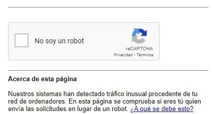 Proxy que aparece cuando intentamos realizar una búsqueda en Google desde Tor. Se observa un captcha, y nos sale un mensaje diciendo que nuestra actividad en Google es inusual.