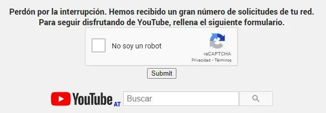 Ventana con un mensaje de error diciéndonos que se están intentando hacer demasiadas solicitudes desde nuestra red, el cual nos aparece al intentar entrar a YouTube desde Tor.