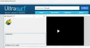 Sitio web con el logo de Ultrasurf, el cual te aparece por defecto al ejecutar Ultrasurf, y la ventana de la versión de escritorio de Ultrasurf.