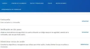 Página “Centro de seguridad” mostrando el apartado “Administrar inicios de sesión” y el enlace “Administrar”.