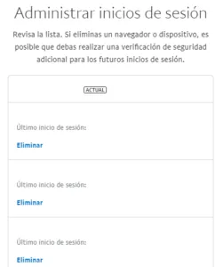 Ventana “Administrar inicios de sesión”, la cual muestra una lista de dispositivos y navegadores web en los que un usuario ha iniciado sesión a su cuenta de PayPal.