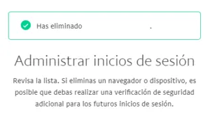 Mensaje que confirma que una de tus sesiones de PayPal fue cerrada en uno de tus dispositivos en la ventana “Administrar inicios de sesión”.