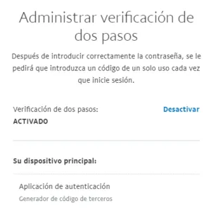 Ventana en donde aparecerían las opciones “Recibir un código mediante un mensaje de texto” y “Usar una aplicación de autenticación” si la autenticación en dos pasos estuviera desactivada para este usuario.