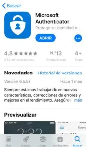 App Microsoft Authenticator en la App Store de un iPhone.