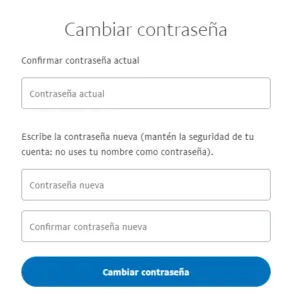 Ventana de PayPal para cambiar la contraseña de un usuario.