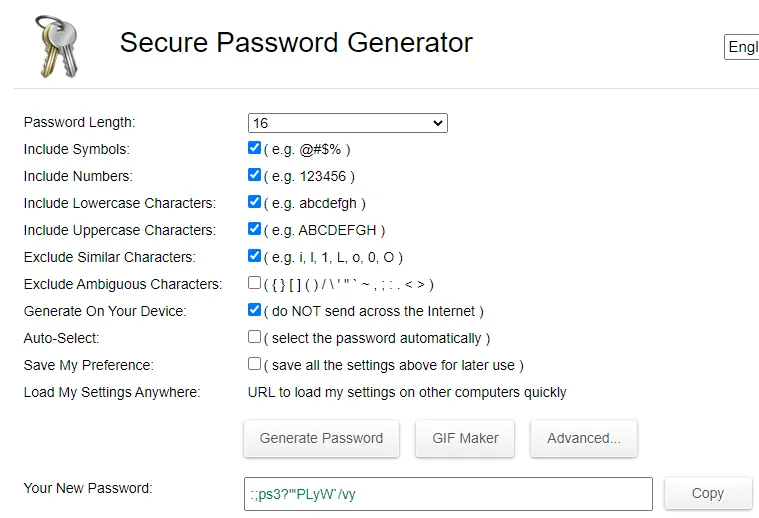 Sitio web de Secure Password Generator, en donde se muestra una contraseña creada con este generador de contraseñas. 