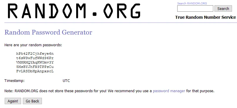 Sitio web que genera contraseñas, el cual muestra cuatro contraseñas seguras generadas por dicho sitio.