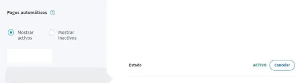 Página de PayPal que debería mostrar una lista de tus pagos automáticos, junto con el apartado “Activo” y el botón “Cancelar”.