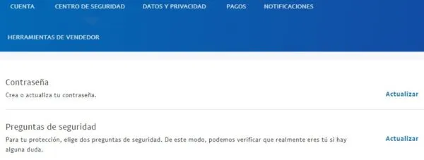 Página “Centro de seguridad” de PayPal, el cual muestra el apartado “Preguntas de seguridad” y el enlace “Actualizar”.