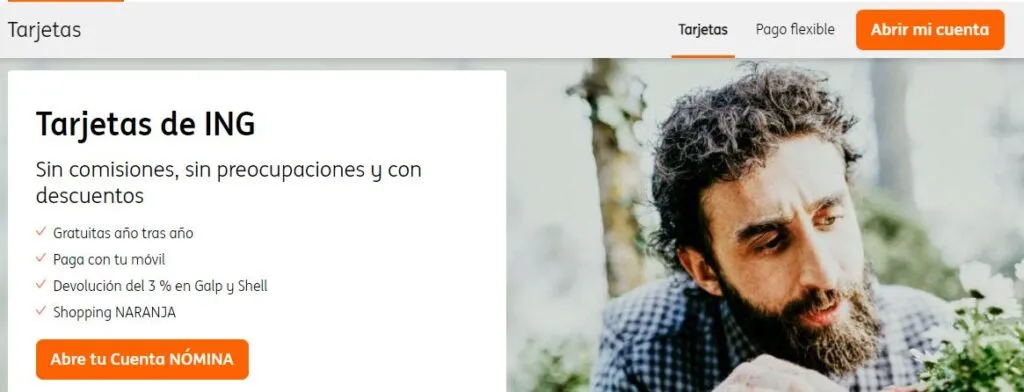 Página web del banco ING para solicitar una tarjeta de crédito.