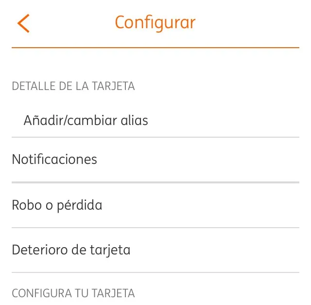 Ventana de configuración de una tarjeta de crédito en la app del banco ING.