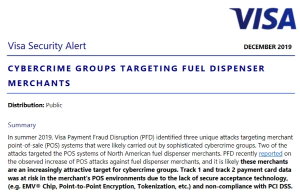 Comunicado de la red de tarjetas de crédito Visa explicando que los datáfonos de dos gasolineras en Estados Unidos fueron hackeados. 