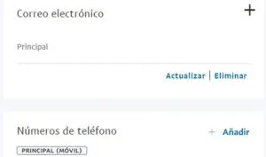 Apartados “Correo electrónico” y “Números de teléfono” de la página que aparece cuando clicas en el icono del engranaje en PayPal.