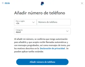 Formulario para introducir un número de teléfono secundario para tu cuenta de PayPal.