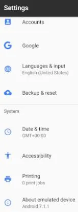 Opción “About emulated device” de la app de Ajustes de un Android. En un móvil normal, esta opción se llamaría “About Phone”.