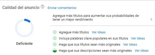 Página “Anuncios” de una campaña de Google Ads mostrando que la calidad de las palabras clave usadas para la campaña es deficiente.