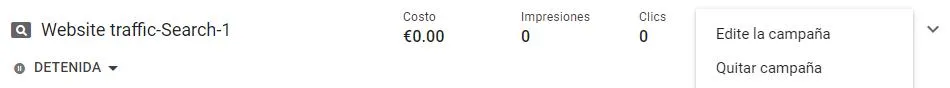 Campaña de Google Ads hecha en Modo Experto. Se observa un menú mostrándote la opción para editar la campaña.