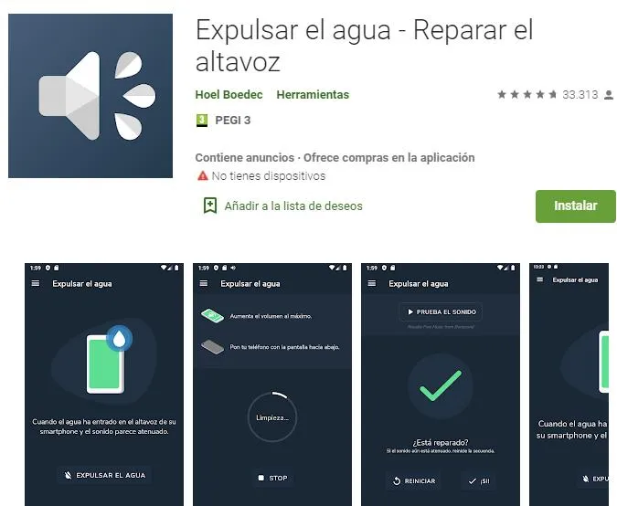 Página web de la Google Play Store mostrando la app de “Expulsar el agua”.
