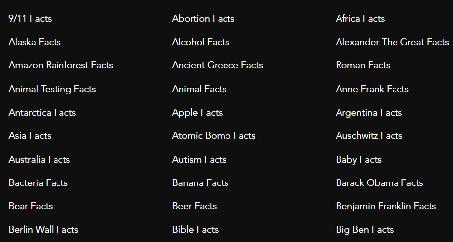 Lista con algunas de las categorías de las curiosidades disponibles en FACTSlides.
