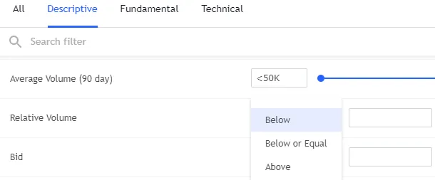 Apartado “Descriptive” del modal para configurar los filtros del Crypto Screener, el cual muestra la opción “Relative Volume” y su respectivo menú mostrando la opción “Above”.