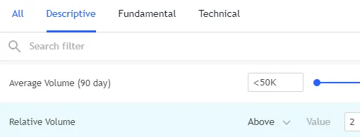 Opción “Relative Volume” y su respectiva casilla “Value” con un “2” como valor del apartado “Descriptive” del modal para configurar los filtros del Crypto Screener.