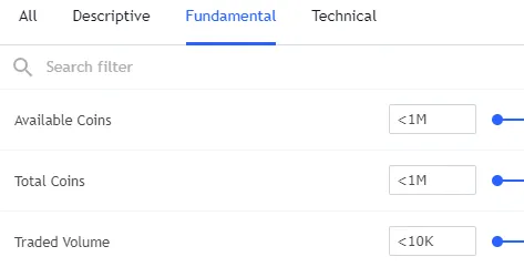 Apartado “Fundamental” de los filtros del Crypto Screener mostrando la opción “Traded Volume”.