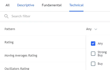 Apartado “Technical” de los filtros del Crypto Screener mostrando la opción “Rating” y su respectivo menú desplegable, el cual muestra la opción “Buy”.