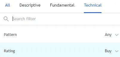 Opción “Rating” con la opción “Buy” seleccionada del apartado “Technical” de los filtros del Crypto Screener.