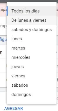 Menú que aparece después de clicar en la casilla “Todos los días”, el cual muestra todos los días de la semana.