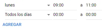 Configuración de la franja horaria de tu anuncio, el cual muestra el enlace “AGREGAR” y el nuevo horario asignado para una campaña de anuncios durante el lunes.