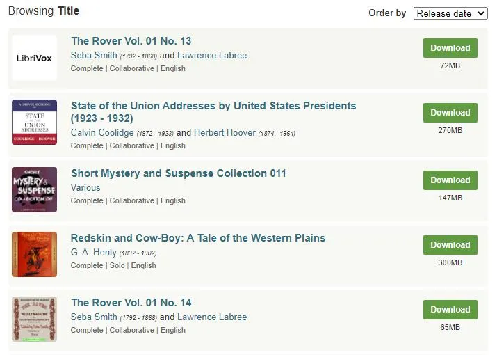 Catálogo de audiolibros gratuitos de LibriVox disponibles para descargar.