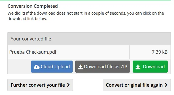 Archivo .txt convertido a PDF en el sitio Online converter mostrando el botón para descargar el archivo convertido.