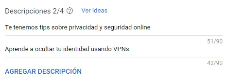 Apartado “Descripciones” de la página “Anuncios” de Google Ads, el cual muestra dos casillas para agregar una descripción.