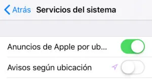 Opción “Avisos según ubicación” del apartado “Servicios del sistema” desactivada.