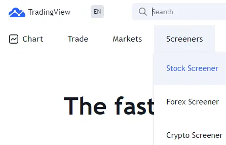 Sitio web de TradingView mostrando el menú desplegable que aparece al clicar en la opción “Screeners”, el cual muestra la opción “Crypto Screener”.
