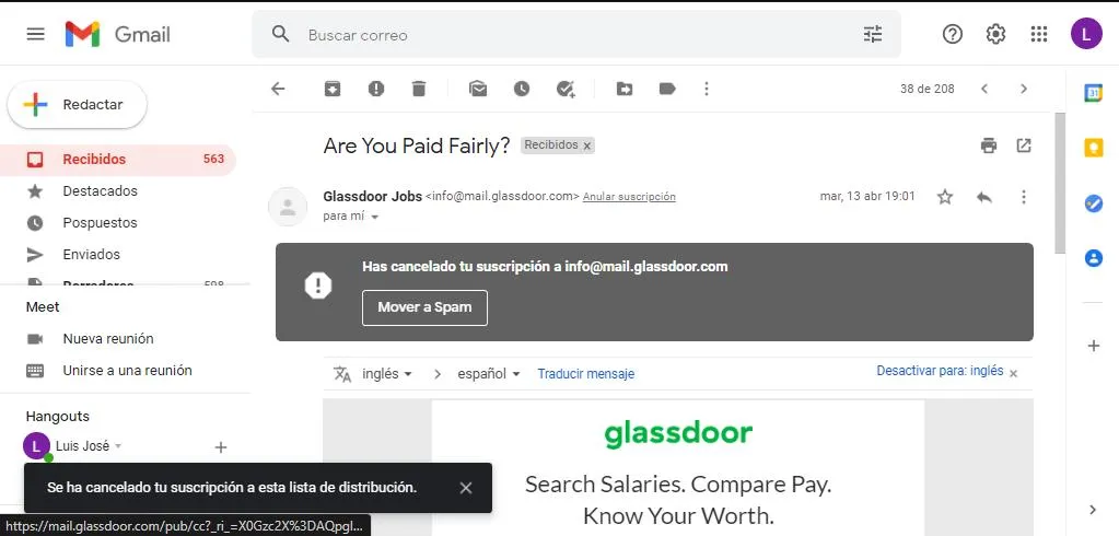 Mensaje de que te has dado de baja