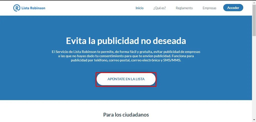 Página principal de la lista Robinson