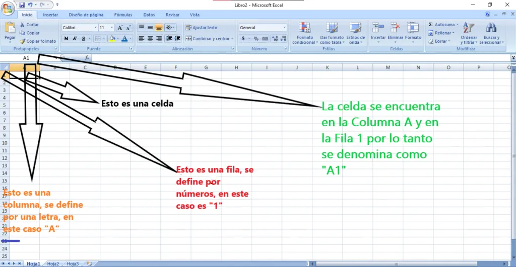 fila, columna y celda en excel