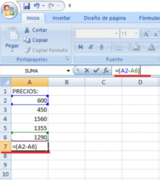 restar en excel