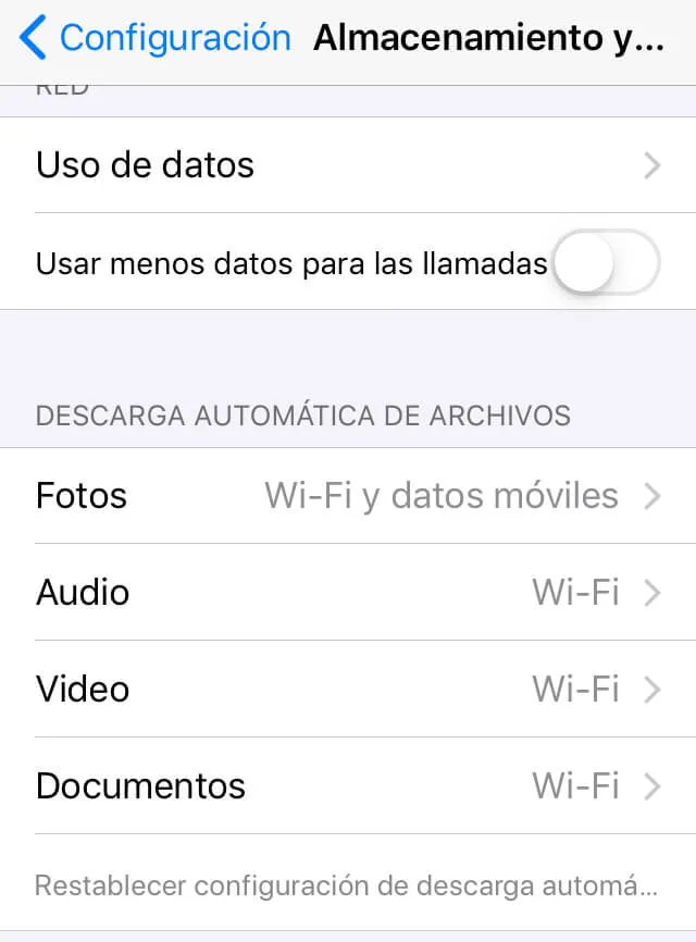 Apartado “DESCARGA AUTOMÁTICA DE ARCHIVOS” de la opción “Almacenamiento y datos” de WhatsApp. 