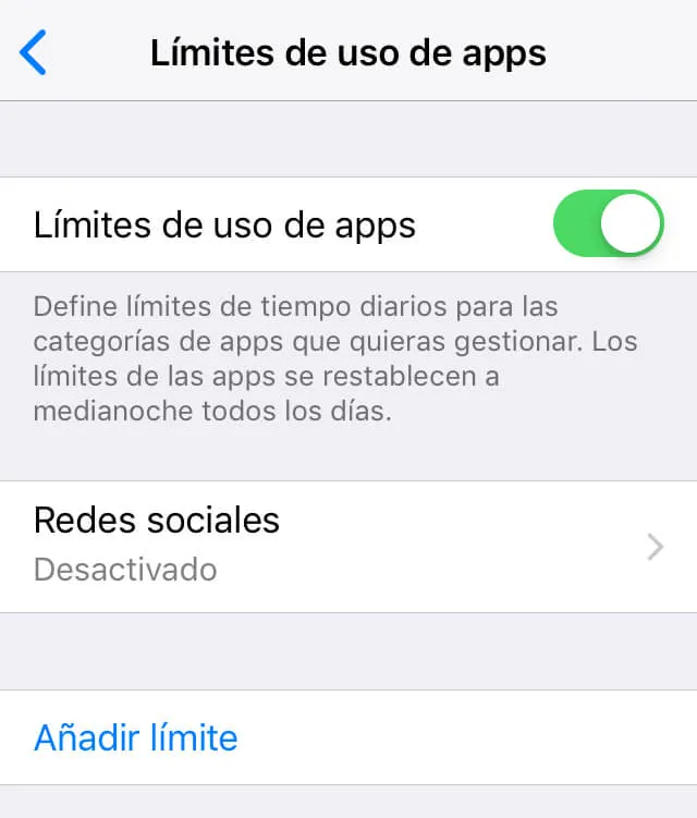 Menú de “Límites de uso de apps”, el cual muestra un botón que aparece al lado de otra opción llamada “Límites de uso de apps” y un enlace azul que dice “Añadir límite”.