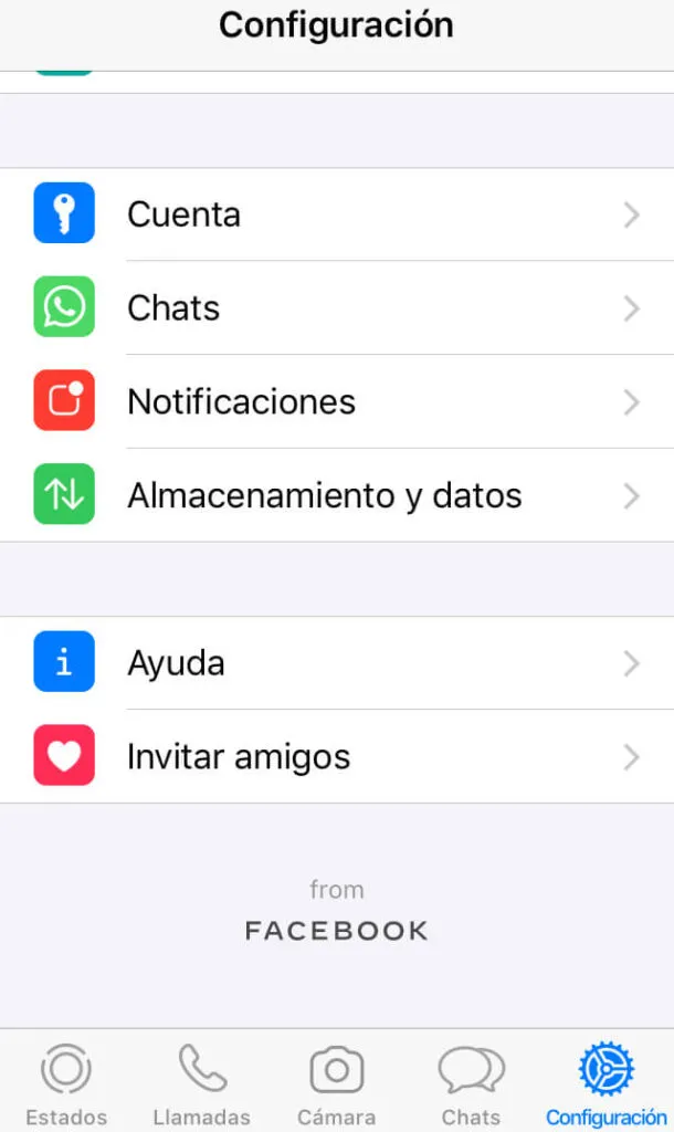 Menú de configuración de WhatsApp.