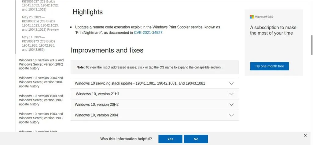 Descargar parche oficial de Microsoft Windows para PrintNightmare